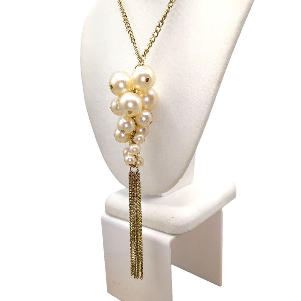 Vintage Gold Tone Chain Necklace with White Faux Pearl Cluster and Long Tassel